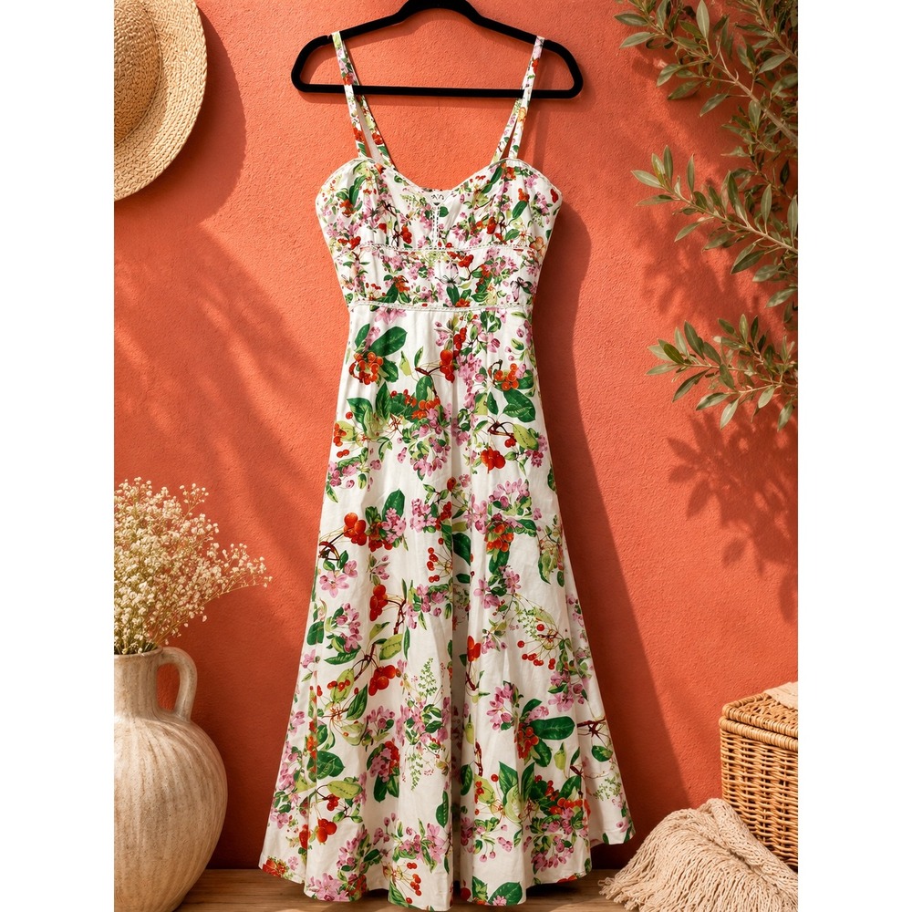 Taylor Women Floral Cherry Print Midi Dress White Red Sweetheart Neck Pockets - Picture 1 of 16